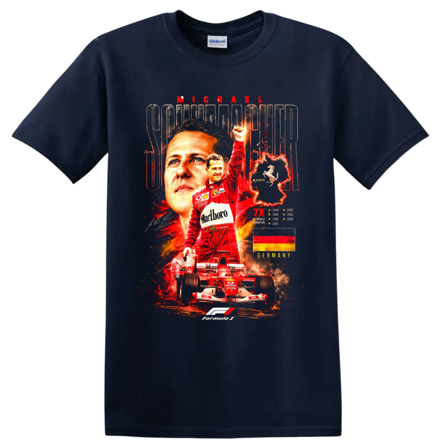 Michael Schumacher Ferrari Formula 1 championship collage with race car and German flag on a Navy (Blue) T Shirt