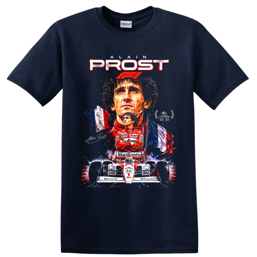 Alain Prost Formula 1 portrait collage with race car, French flag, and PROST lettering on a Navy (Blue) T Shirt