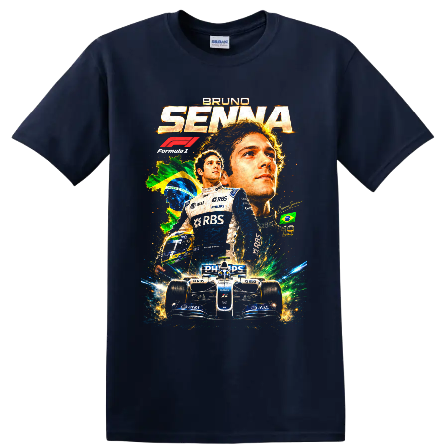 Bruno Senna Williams Formula 1 collage with Brazil flag, helmet, and race car on a Navy (Blue) T Shirt