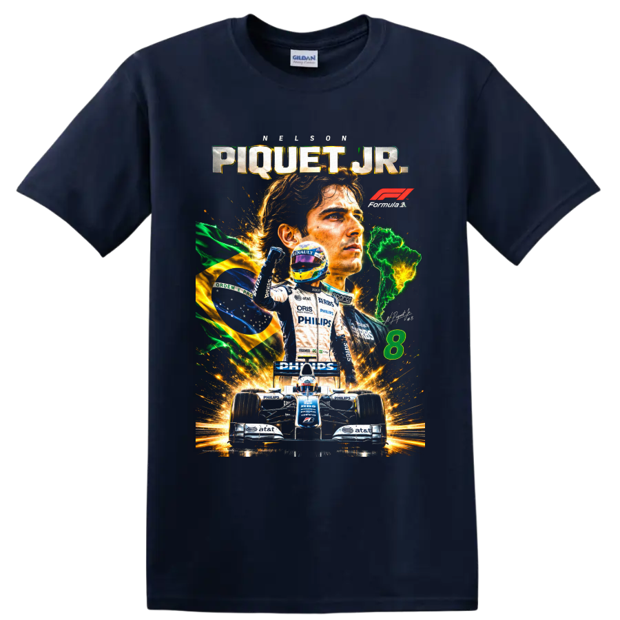 Nelson Piquet Jr Formula 1 racing collage with Brazilian flag, race car, and number 8 on a Navy (Blue) T Shirt