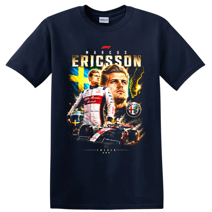 Marcus Ericsson racing poster graphic with Swedish flag, helmet, Formula 1 car, and on a Navy (Blue) T Shirt