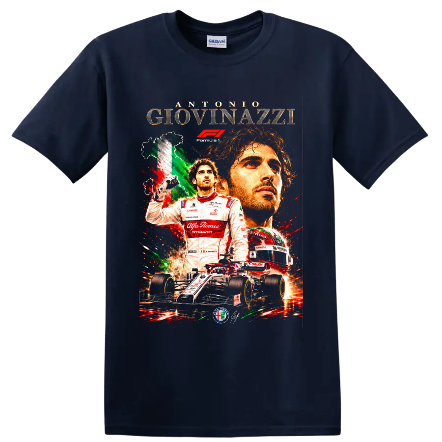 Antonio Giovinazzi Alfa Romeo Racing Formula 1 collage with helmet and race car on a Navy (Blue) T Shirt