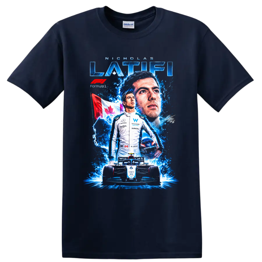 Nicholas Latifi Williams Racing Formula 1 collage with Canadian flag and number 6 car on a Navy (Blue) T Shirt