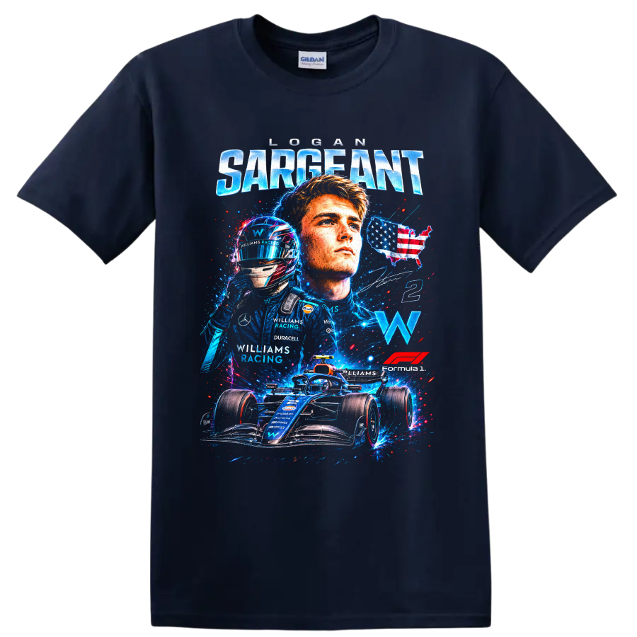 Logan Sargeant Williams Racing Formula 1 portrait, helmet, No. 2 car graphic on a Navy (Blue) T Shirt