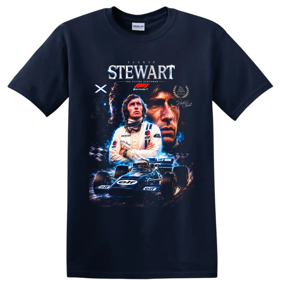 Jackie Stewart Formula 1 portrait collage with blue Tyrrell race car and racing text on a Navy (Blue) T Shirt