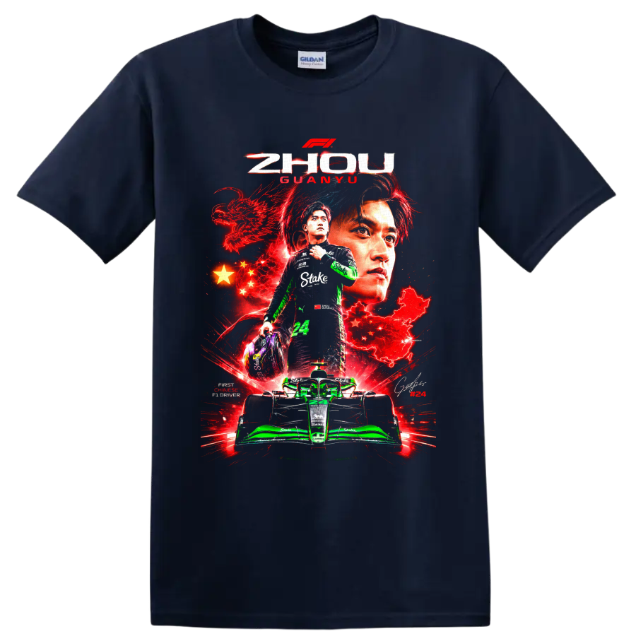 Zhou Guanyu Formula 1 number 24 racing collage with dragon, Chinese stars, and green car on a Navy (Blue) T Shirt
