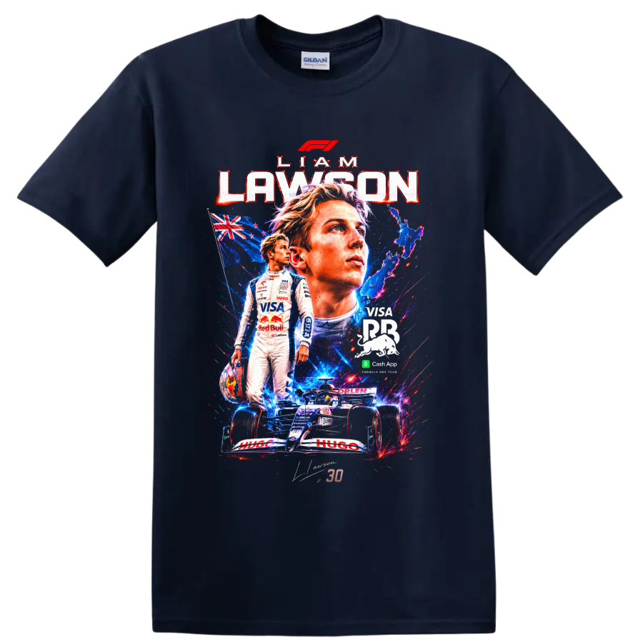 Liam Lawson Formula 1 portrait collage with number 30 car and New Zealand flag on a Navy (Blue) T Shirt