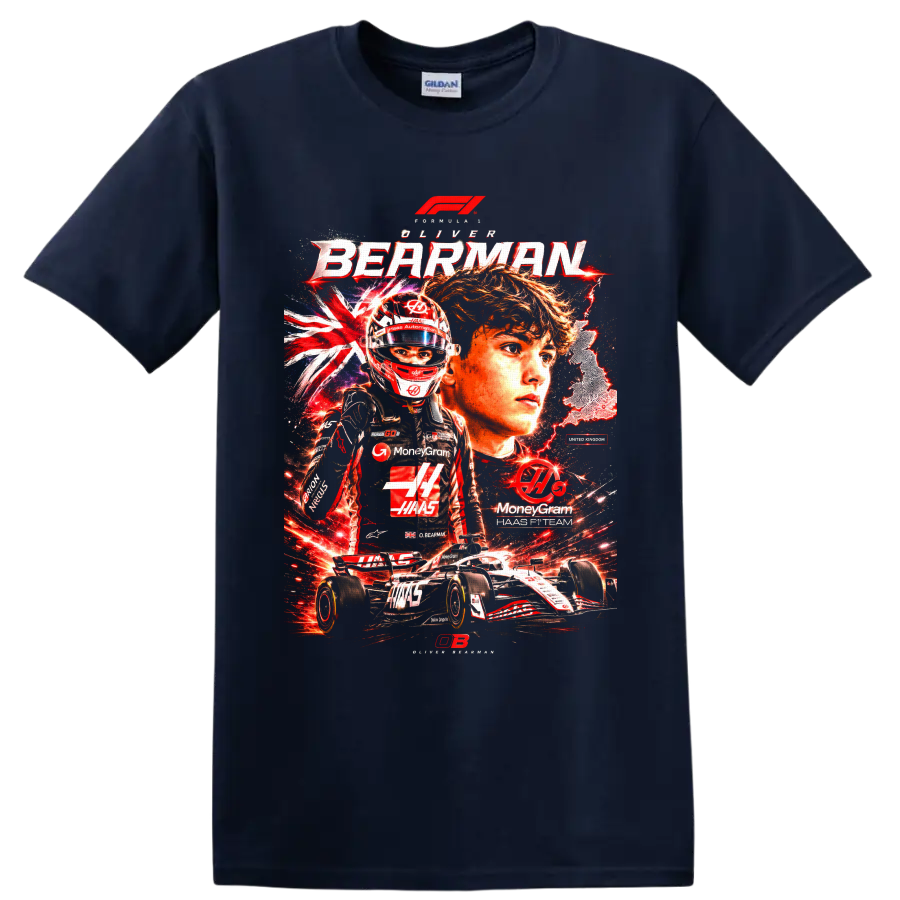 Oliver Bearman Haas Formula 1 driver collage with helmet, race car, and British motifs on a Navy (Blue) T Shirt