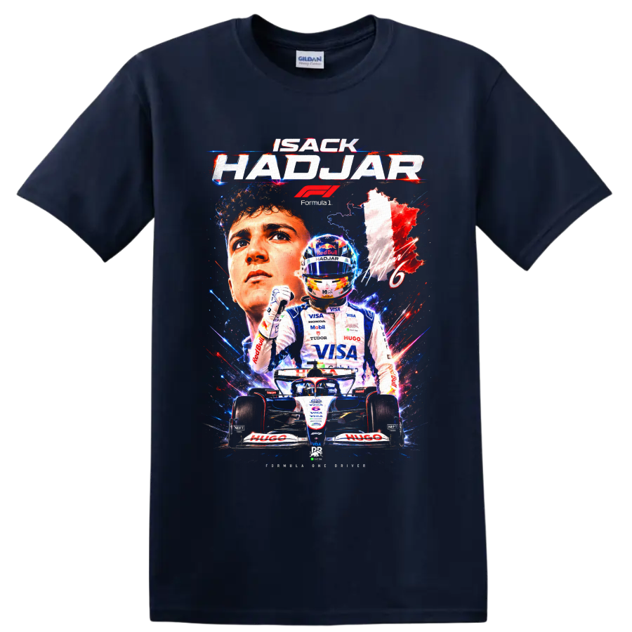Isack Hadjar Racing Bulls Formula 1 graphic with portrait, helmet, and number 6 car on a Navy (Blue) T Shirt