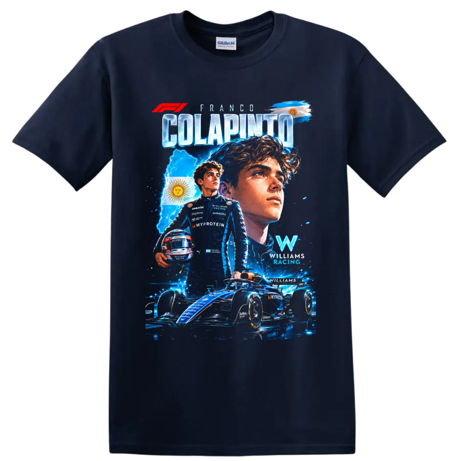 Franco Colapinto Williams Racing Formula 1 portrait, race car, and Argentina flag collage on a Navy (Blue) T Shirt