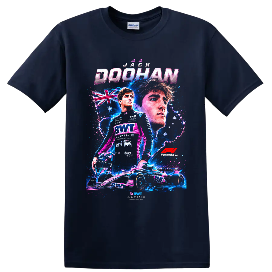 Jack Doohan Alpine Formula 1 driver and race car neon collage with Australian flag on a Navy (Blue) T Shirt