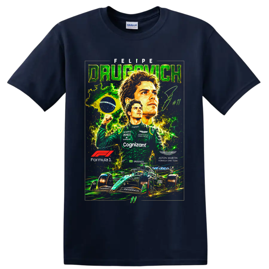 Felipe Drugovich Aston Martin Formula 1 collage with Brazilian flag and race car on a Navy (Blue) T Shirt