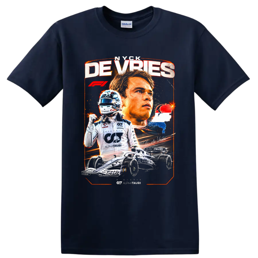 Nyck de Vries AlphaTauri Formula 1 racing collage with driver portrait and race car on a Navy (Blue) T Shirt