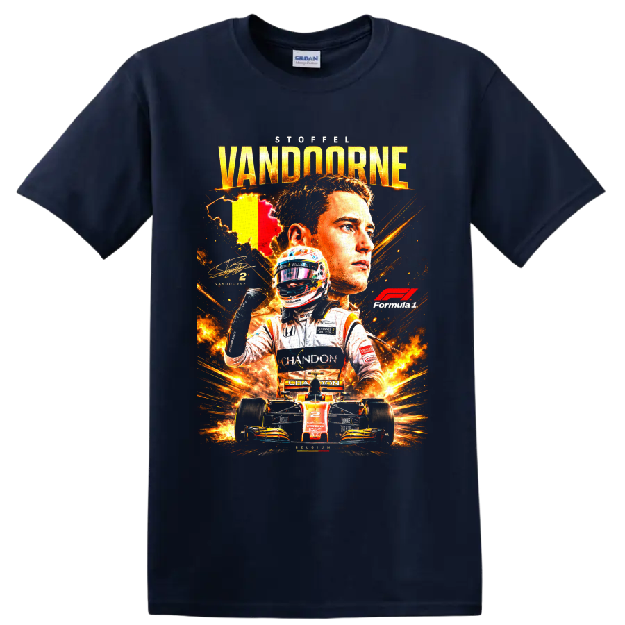 Stoffel Vandoorne McLaren Formula 1 racing collage with helmet, number 2 car and Belgian on a Navy (Blue) T Shirt