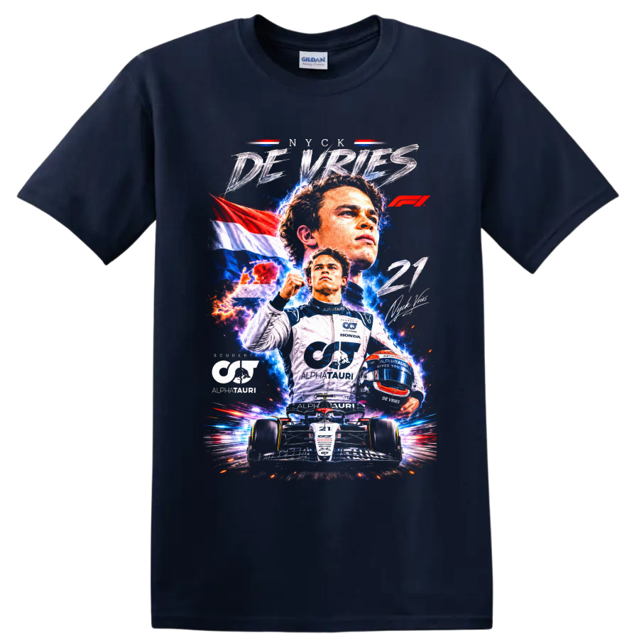 Nyck de Vries AlphaTauri racing collage with Dutch flag, helmet, and number 21 car on a Navy (Blue) T Shirt