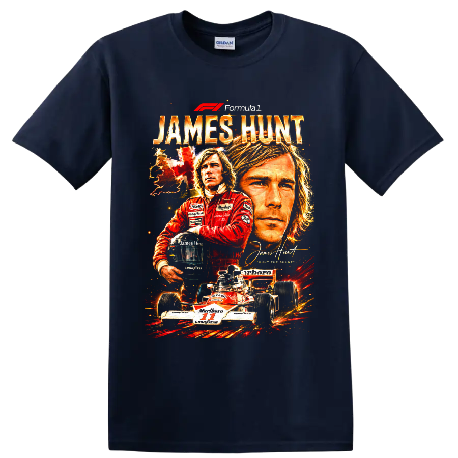 James Hunt Formula 1 portrait collage with McLaren number 11 race car and helmet on a Navy (Blue) T Shirt