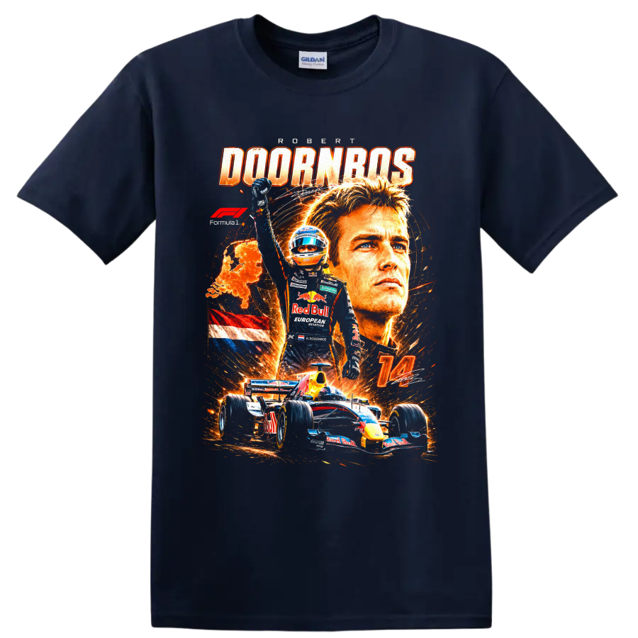 Robert Doornbos Red Bull Formula 1 number 14 fiery racing collage graphic on a Navy (Blue) T Shirt