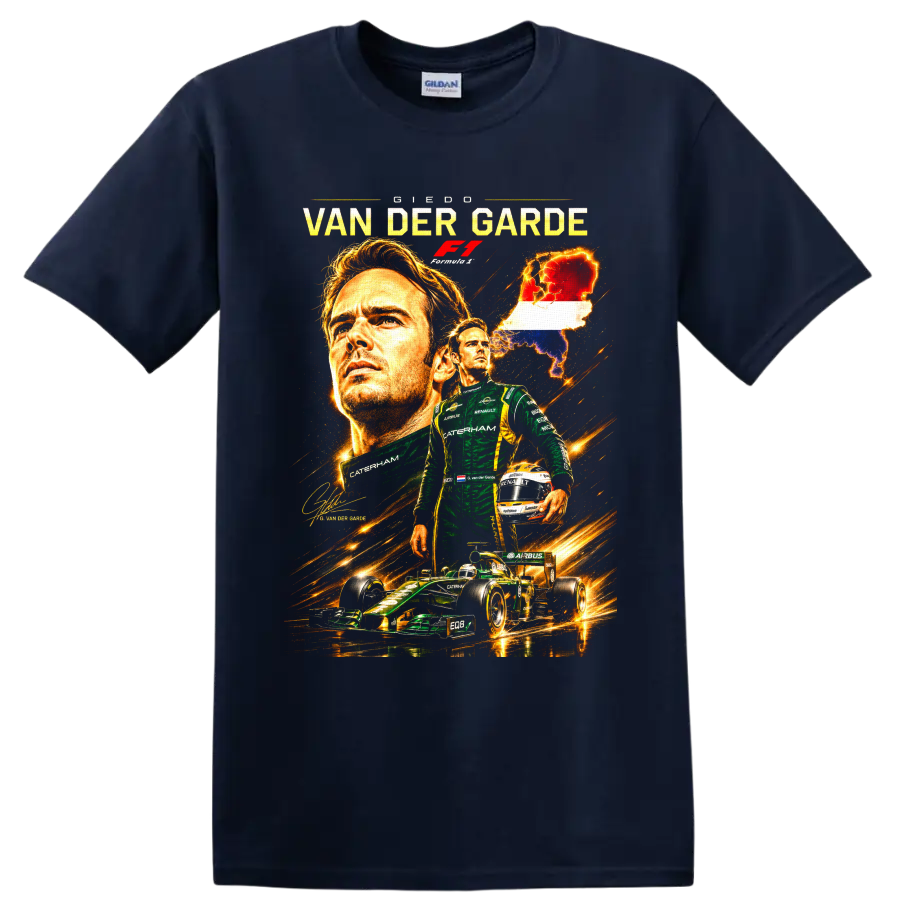 Giedo van der Garde Caterham Formula 1 portrait with race car and Netherlands map on a Navy (Blue) T Shirt