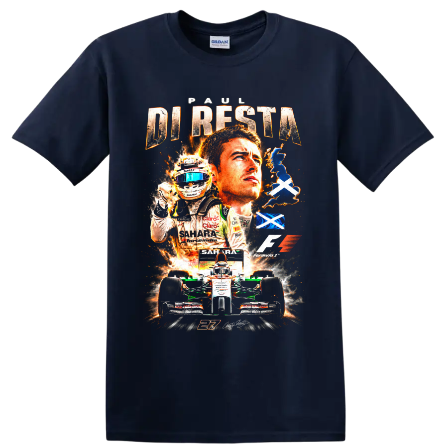 Paul di Resta Force India Formula 1 racing collage with number 21 car and Saltire flags on a Navy (Blue) T Shirt
