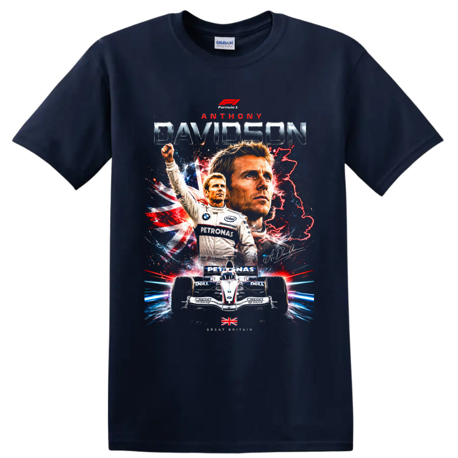 Anthony Davidson Formula 1 racing poster graphic with Union Jack and BMW Sauber car on a Navy (Blue) T Shirt