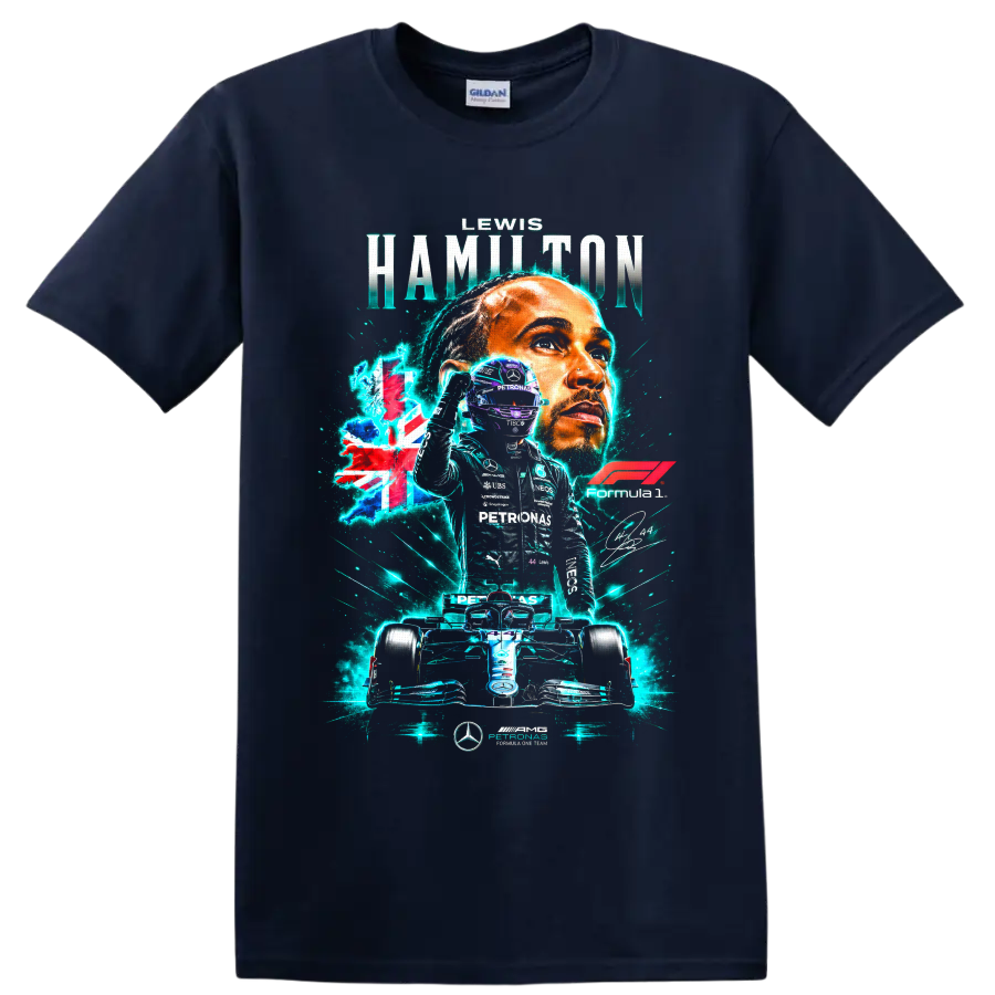 Lewis Hamilton Mercedes Formula 1 portrait, number 44 driver, and race car graphic on a Navy (Blue) T Shirt
