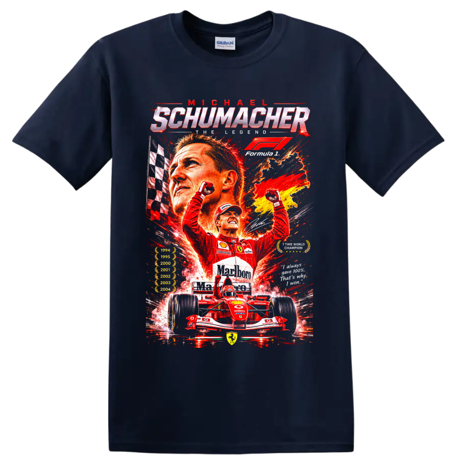 Michael Schumacher Ferrari Formula 1 racing collage with champion years and victory pose on a Navy (Blue) T Shirt