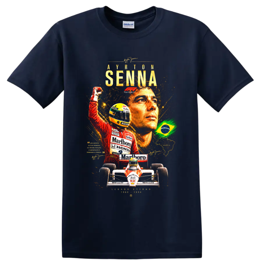 Ayrton Senna Formula 1 tribute collage with Brazilian flag, helmet, and race car on a Navy (Blue) T Shirt