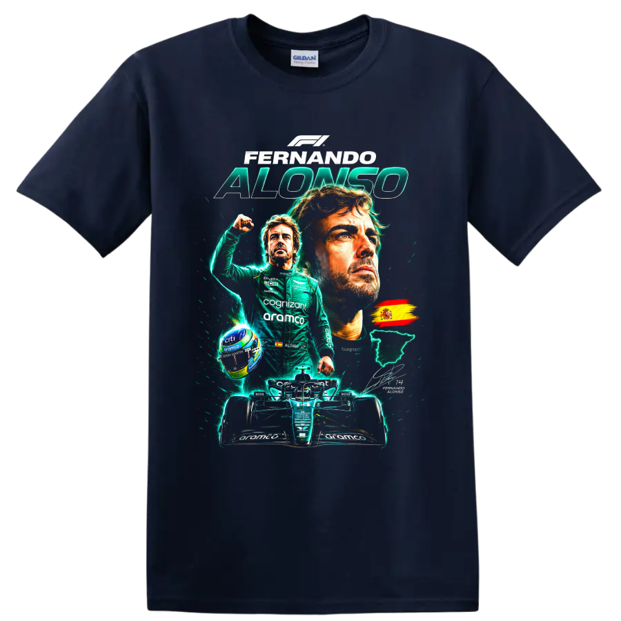 Fernando Alonso Formula 1 portrait collage with Aston Martin race car and Spanish flag on a Navy (Blue) T Shirt