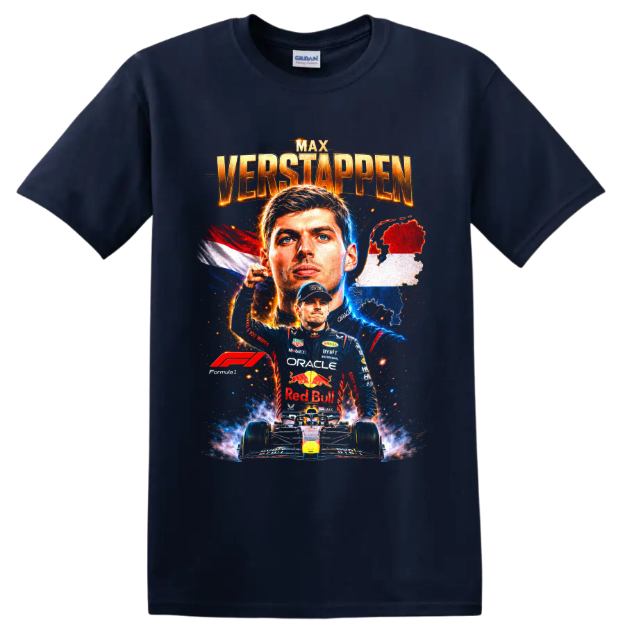 Max Verstappen Red Bull Racing Formula 1 portrait with Dutch flag, map, and race car on a Navy (Blue) T Shirt