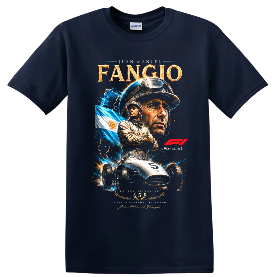 Juan Manuel Fangio portrait with Argentine flag, vintage race car, and Formula 1 graphic on a Navy (Blue) T Shirt