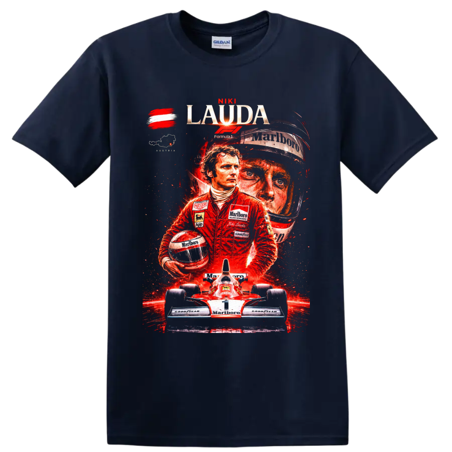 Niki Lauda dramatic Formula 1 collage with helmet, Austrian flag, and number 1 race car on a Navy (Blue) T Shirt