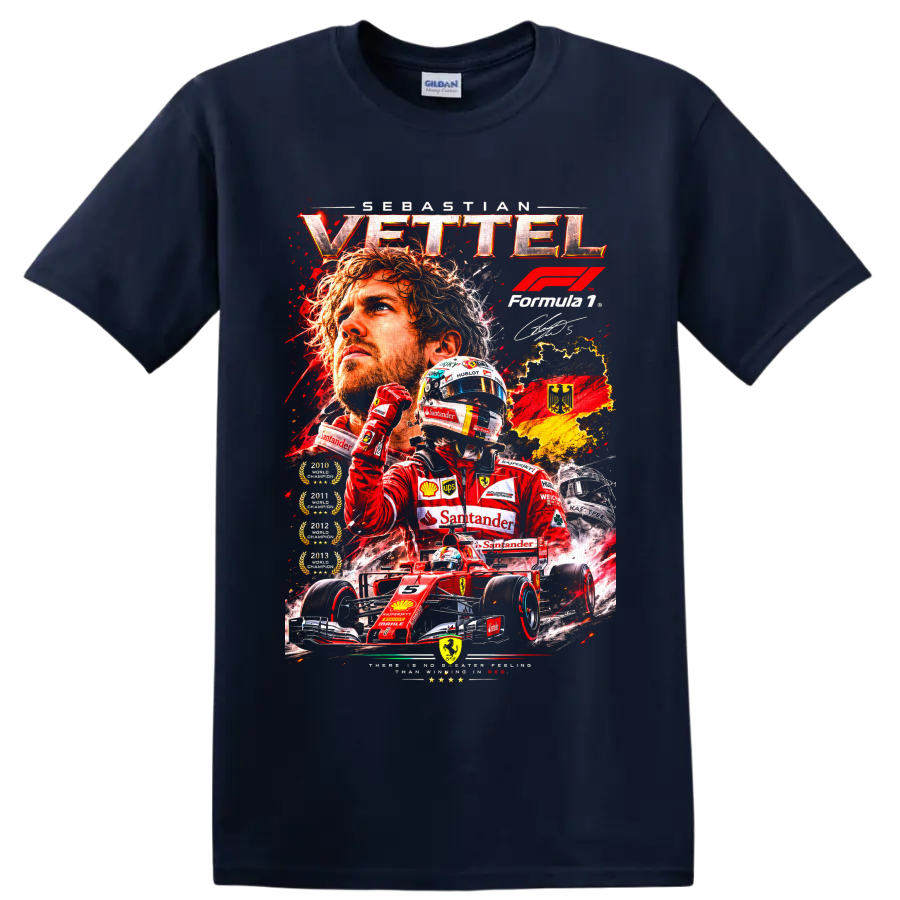 Sebastian Vettel Ferrari Formula 1 racing collage with red car, helmet, and German flag on a Navy (Blue) T Shirt