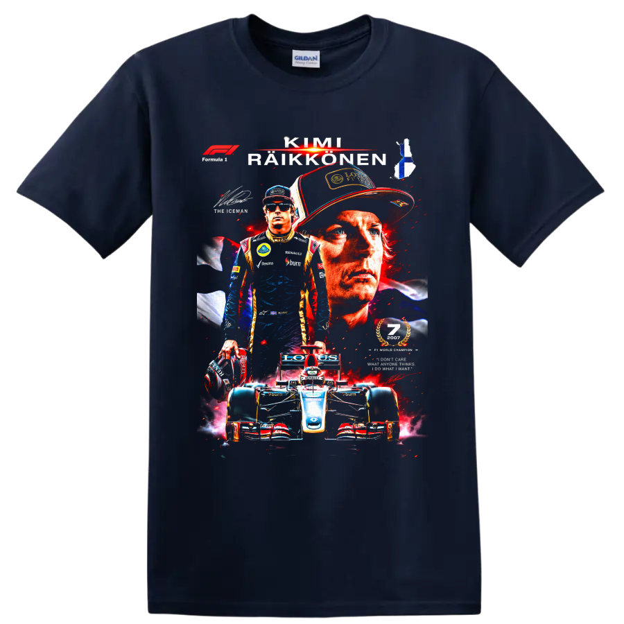 Kimi Räikkönen Formula 1 Lotus Renault portrait collage with race car and Finnish flag on a Navy (Blue) T Shirt