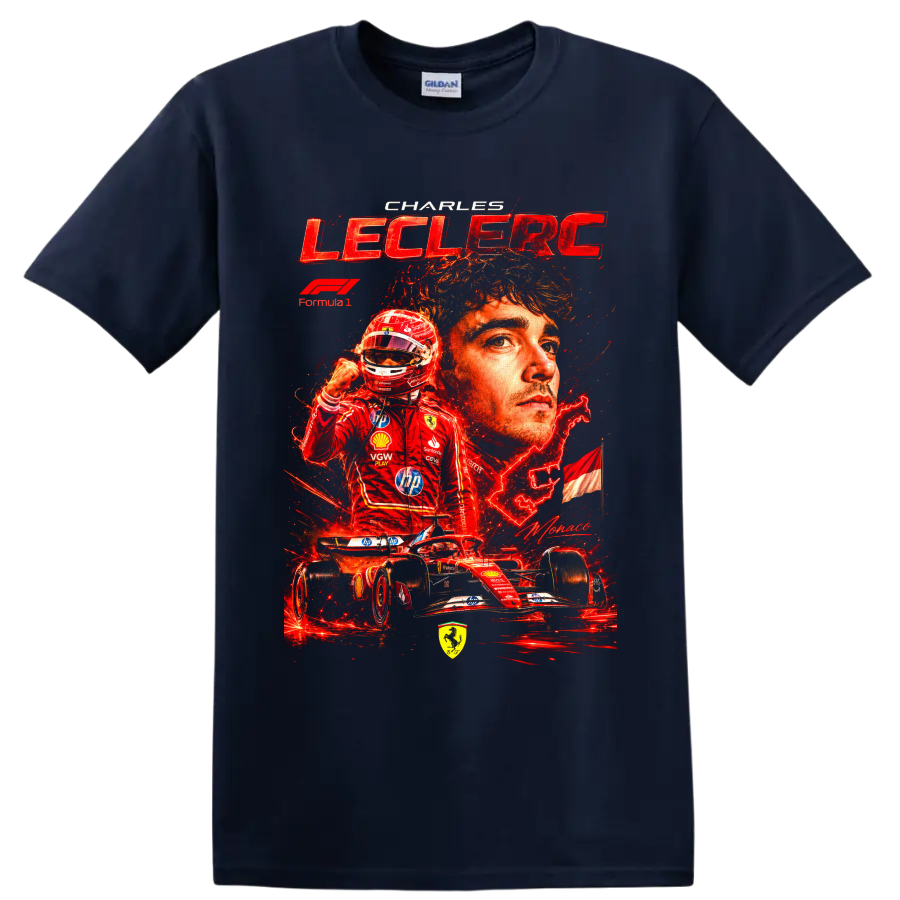 Charles Leclerc Ferrari Formula 1 portrait, helmeted driver, and race car collage on a Navy (Blue) T Shirt