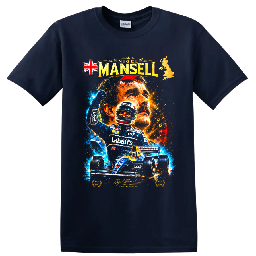 Nigel Mansell 1992 Williams Renault Formula 1 racing collage with championship car on a Navy (Blue) T Shirt