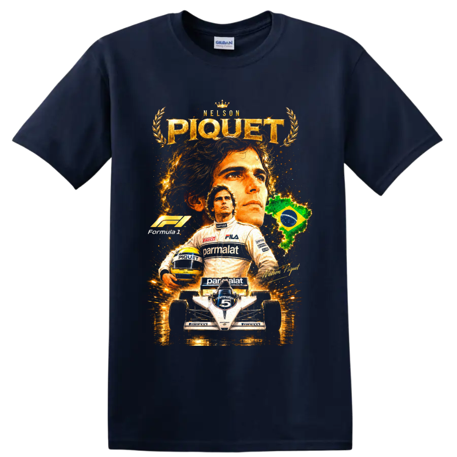 Nelson Piquet Brabham Formula 1 portrait, helmet, race car, and Brazil graphic on a Navy (Blue) T Shirt