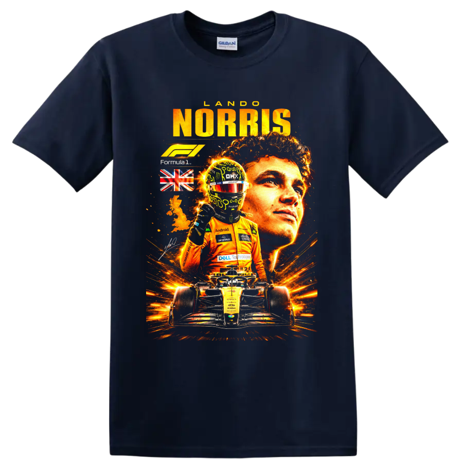 Lando Norris McLaren Formula 1 racing portrait with helmeted driver and race car on a Navy (Blue) T Shirt
