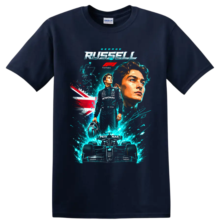 George Russell Mercedes Formula 1 portrait and race car graphic with Union Jack on a Navy (Blue) T Shirt
