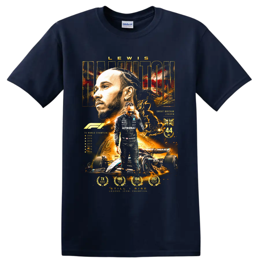 Lewis Hamilton Formula 1 championship collage with Mercedes-AMG Petronas car and number 44 on a Navy (Blue) T Shirt