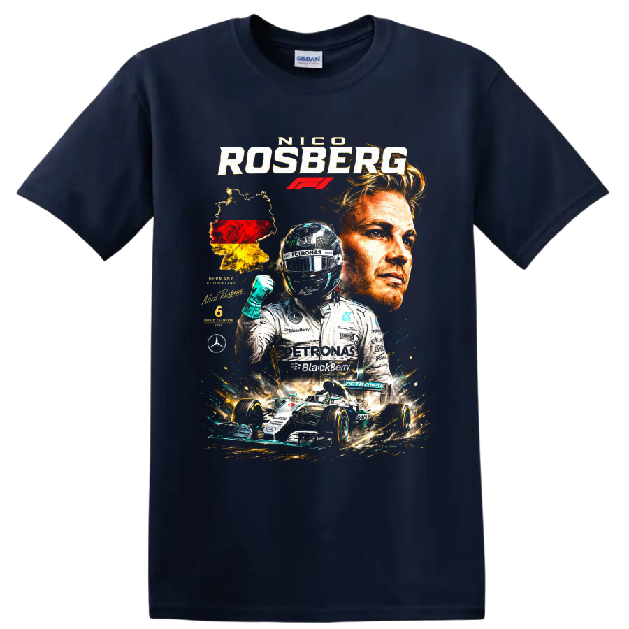 Nico Rosberg Mercedes-AMG Petronas Formula 1 championship racing collage on a Navy (Blue) T Shirt