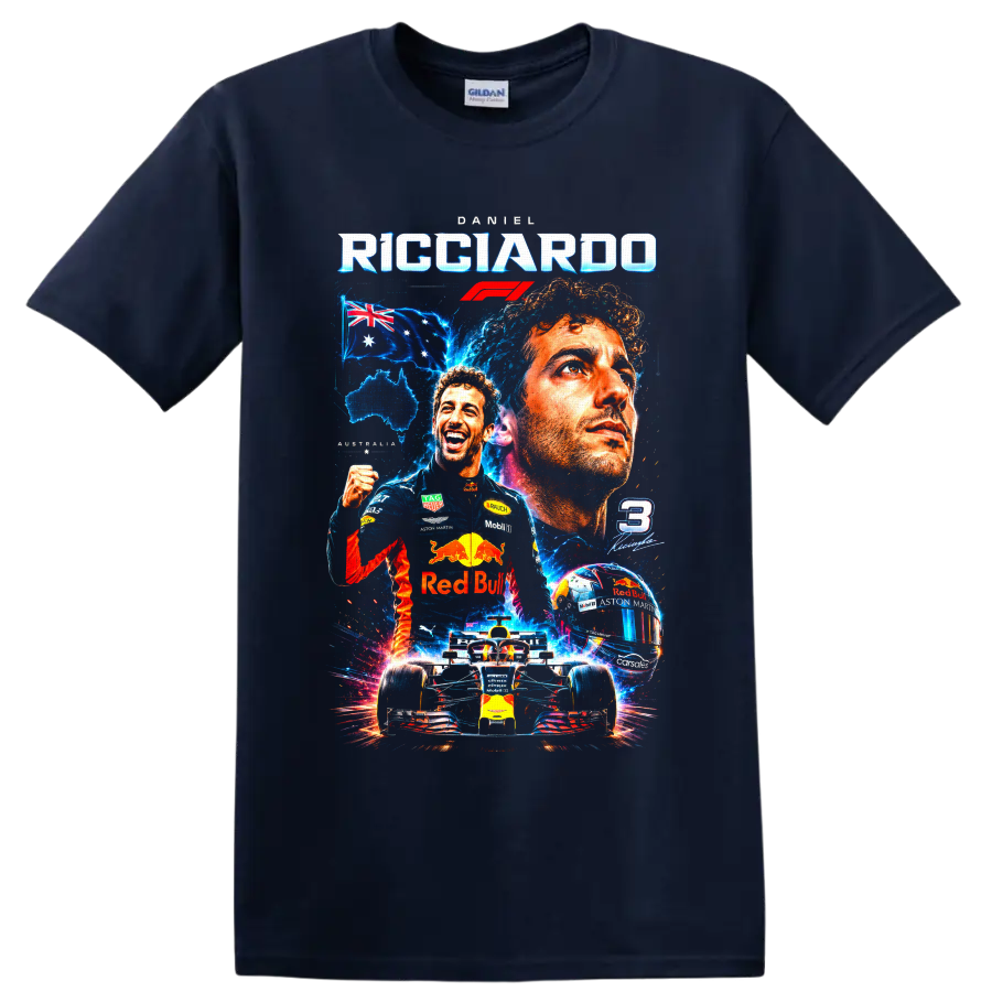 Daniel Ricciardo F1 collage with Red Bull car, helmet, Australian flag and number 3 on a Navy (Blue) T Shirt