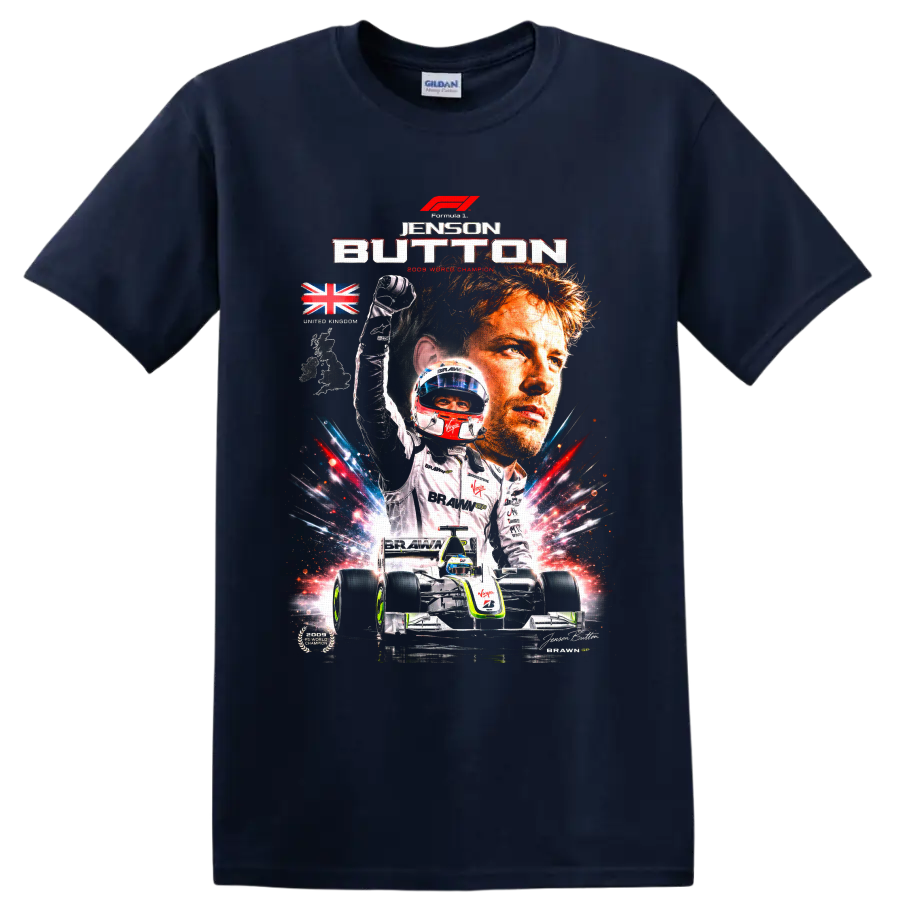 Jenson Button Brawn GP 2009 champion collage with car, helmet, trophy, and Union Jack on a Navy (Blue) T Shirt