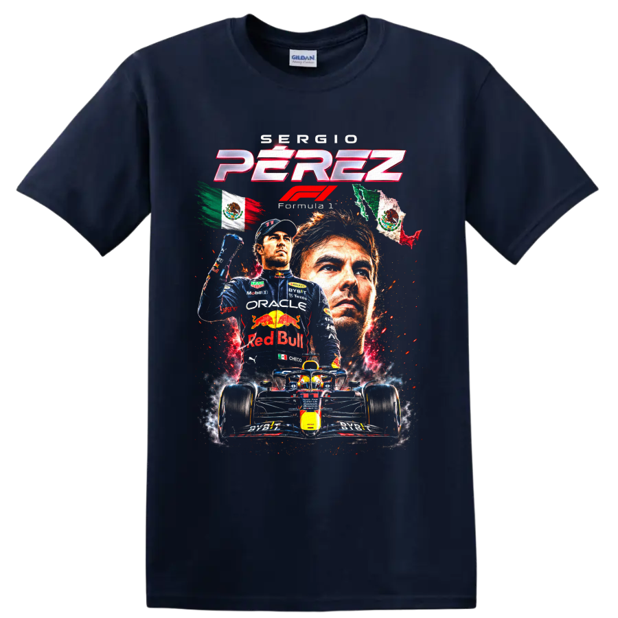 Sergio Pérez Formula 1 Red Bull Racing collage with Mexican flags and race car on a Navy (Blue) T Shirt