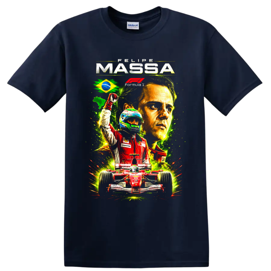 Felipe Massa Ferrari Formula 1 collage with Brazilian flag, driver portrait, and red race on a Navy (Blue) T Shirt