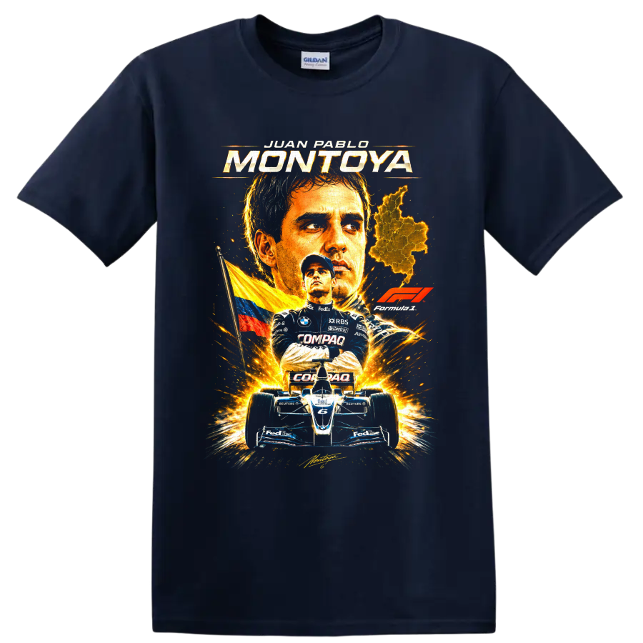 Juan Pablo Montoya Formula 1 portrait with Colombian flag, map, and number 6 race car on a Navy (Blue) T Shirt