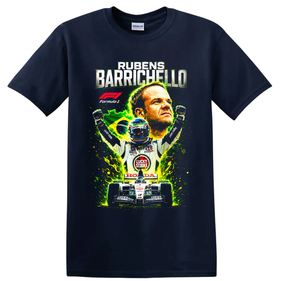 Rubens Barrichello BAR Honda Formula 1 racing collage with Brazilian flag and race car on a Navy (Blue) T Shirt
