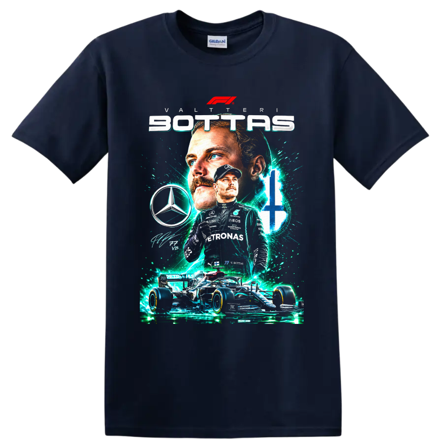 Valtteri Bottas Mercedes Formula 1 number 77 racing collage with teal energy effects on a Navy (Blue) T Shirt