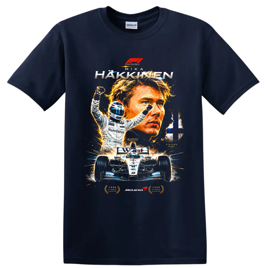 Mika Häkkinen McLaren racing portrait, victory pose, race car and Finnish flag on a Navy (Blue) T Shirt