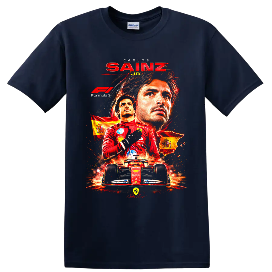 Carlos Sainz Jr Ferrari Formula 1 poster graphic with Spanish flags and red race car on a Navy (Blue) T Shirt