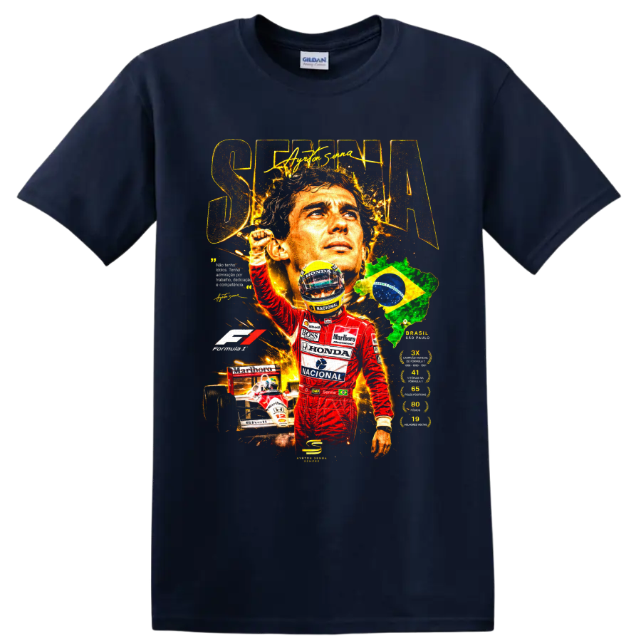 Ayrton Senna Formula 1 tribute collage with Brazil map, race car, and helmet on a Navy (Blue) T Shirt